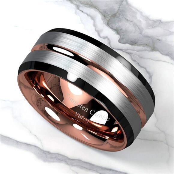 Men's Wedding Band Rings | Silver Brushed Rose Gold Men's Wedding Rings - Picture 4 of 8